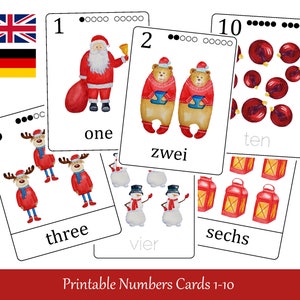 Christmas Numbers Flash Cards. Bilingual English & German Printable Three Part Cards