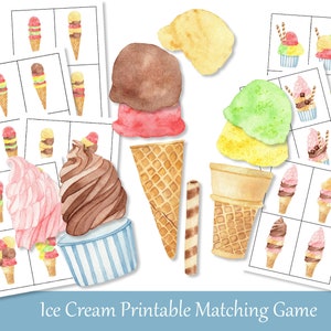 Juego de parejas imprimibles de helado. Tarjetas de patrones. Actividad para niños pequeños.
