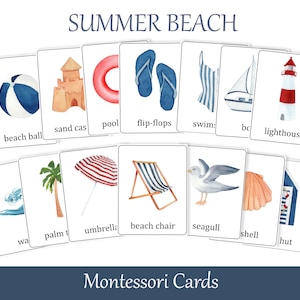 Schede flash sulla spiaggia estiva. Carte Montessori in 3 parti. Carte di nomenclatura. Materiali didattici stampabili