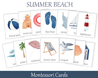 Summer Beach Flash Cards. Montessori 3 part cards. Nomenclature cards. Printable Educational Materials