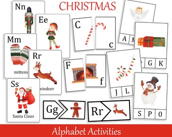 Christmas Alphabet activities for preschoolers, ABC flashcards, Printable Literacy Educational Materials