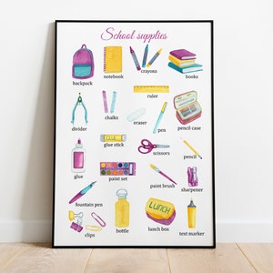 Zurück zur Schule Montessori Poster, Schule liefert pädagogische Poster, Rucksack, Stift, Bleistift, Bücher