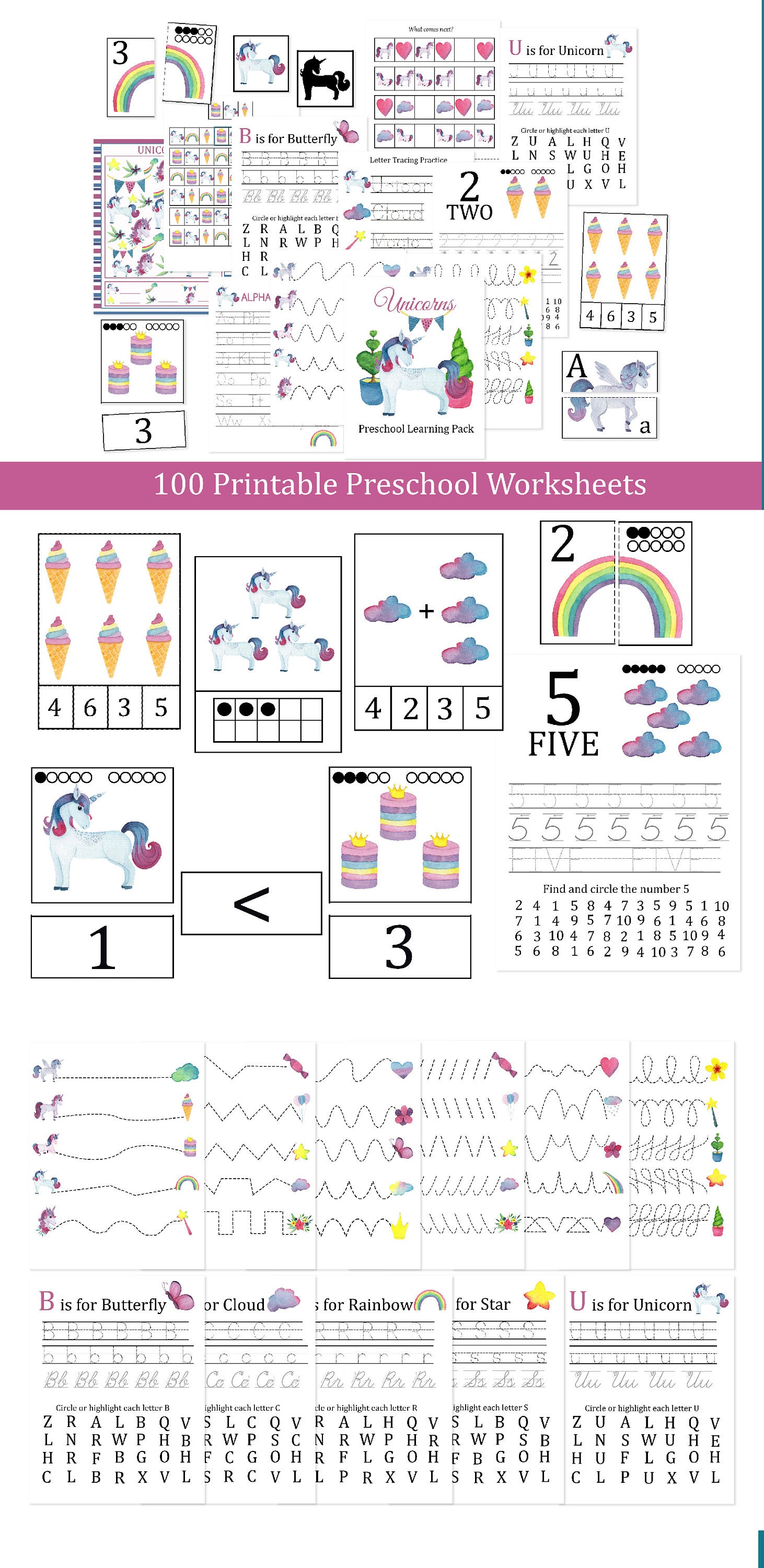 unicorn preschool learning pack worksheets montessori etsy