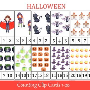 Halloween Count and Clip Cards, Number 1 - 20, Flashcards, Fall activity, Preschool Printables, Montessori counting, Halloween game