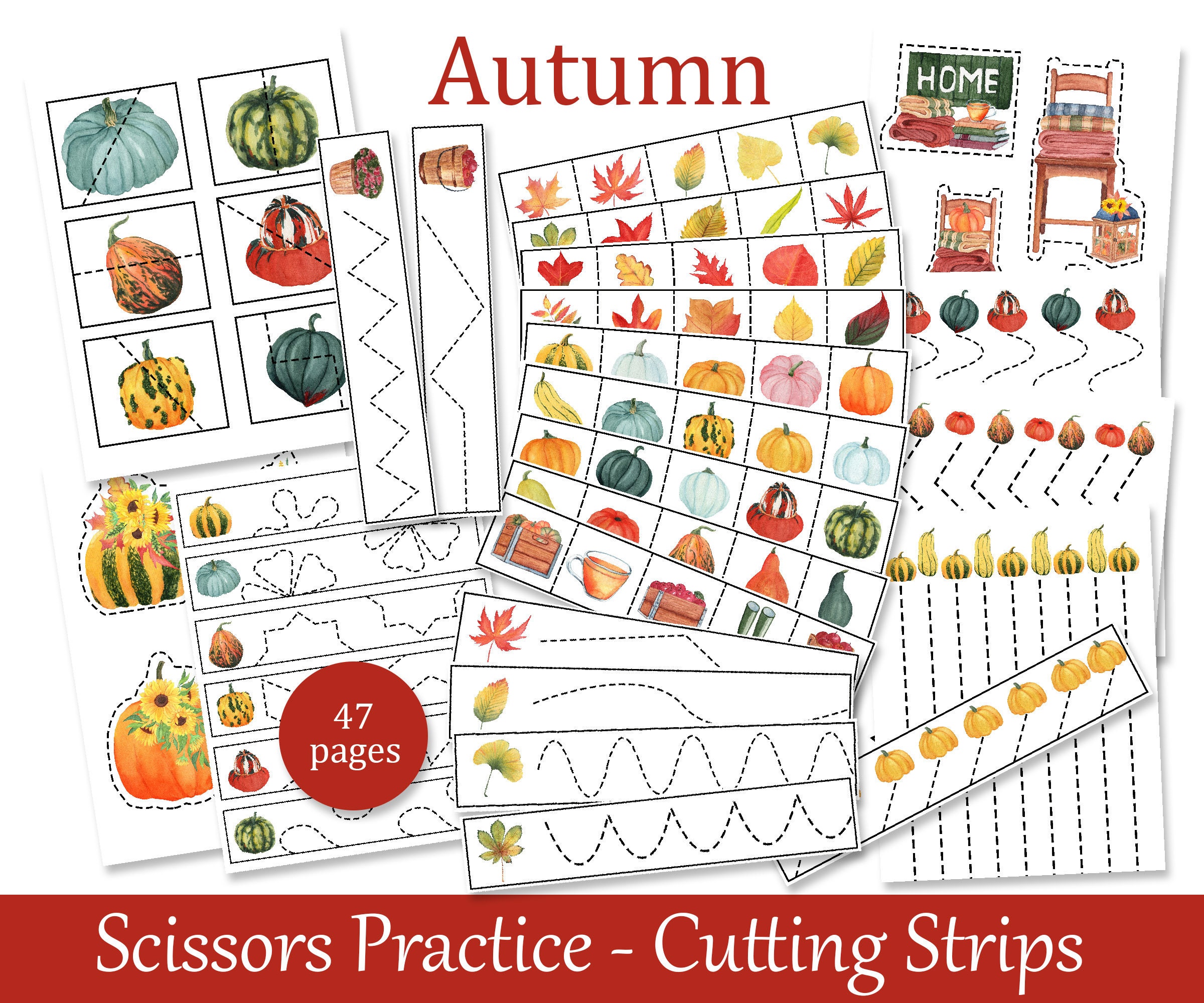 Autumn Scissors Cutting Practice, Cutting strips for fine motor skills, Montessori printables