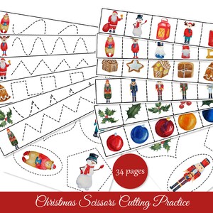 May include: A set of 34 printable Christmas-themed scissor cutting practice pages. The pages feature various Christmas images, including a snowman, a nutcracker, a gingerbread house, and a Christmas tree. The images are outlined with dashed lines for children to cut out.