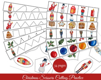 Christmas Scissors Cutting Practice Bundle. Printable Worksheets for fine motor skills. Cutting Strips |008