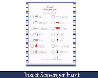 Insects Scavenger Hunt, Summer Activity for Kids, Printable game for kids
