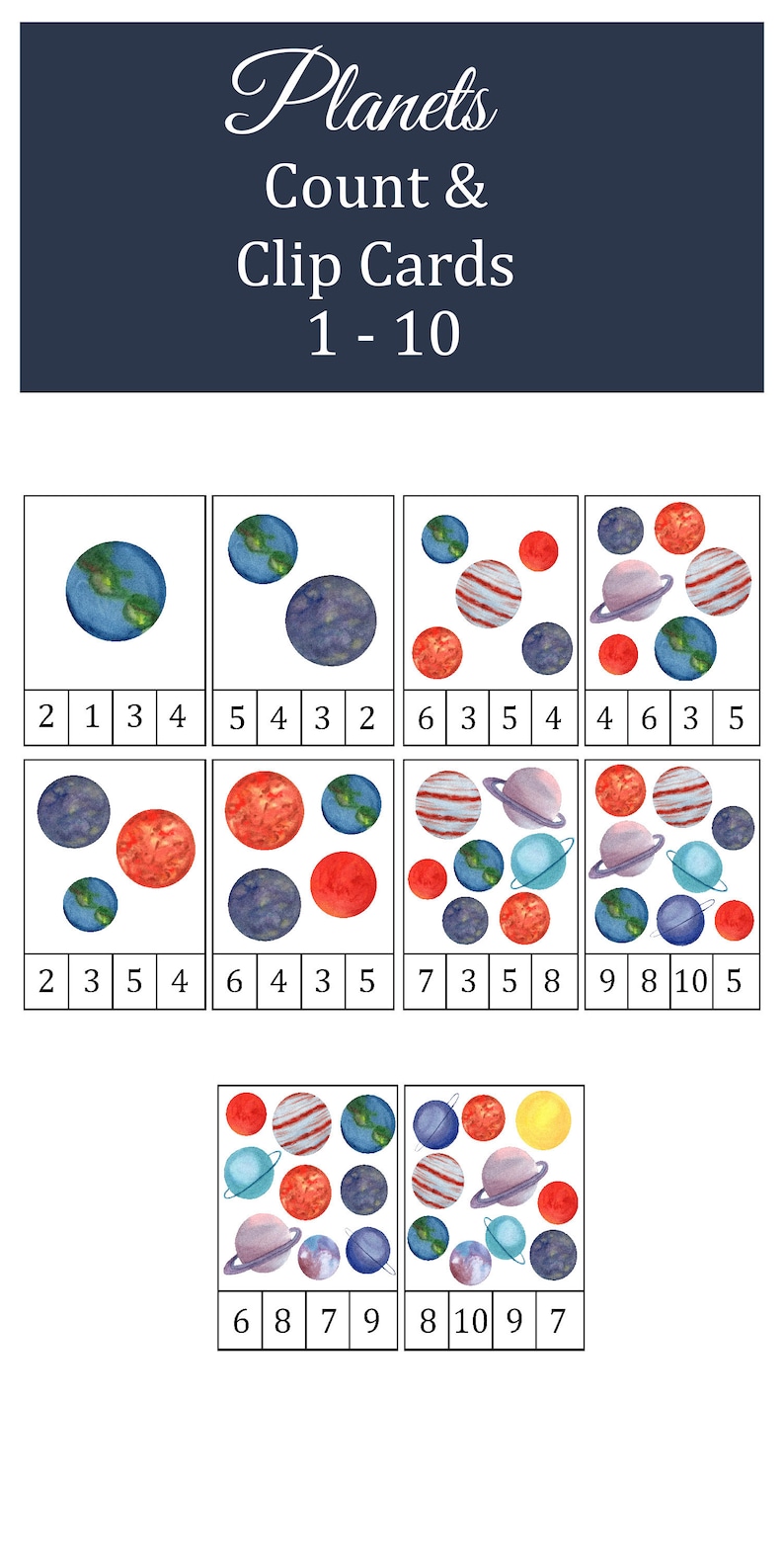 Number 1-10 Flashcards Planets Montessori Count and Clip Cards Preschool Printables