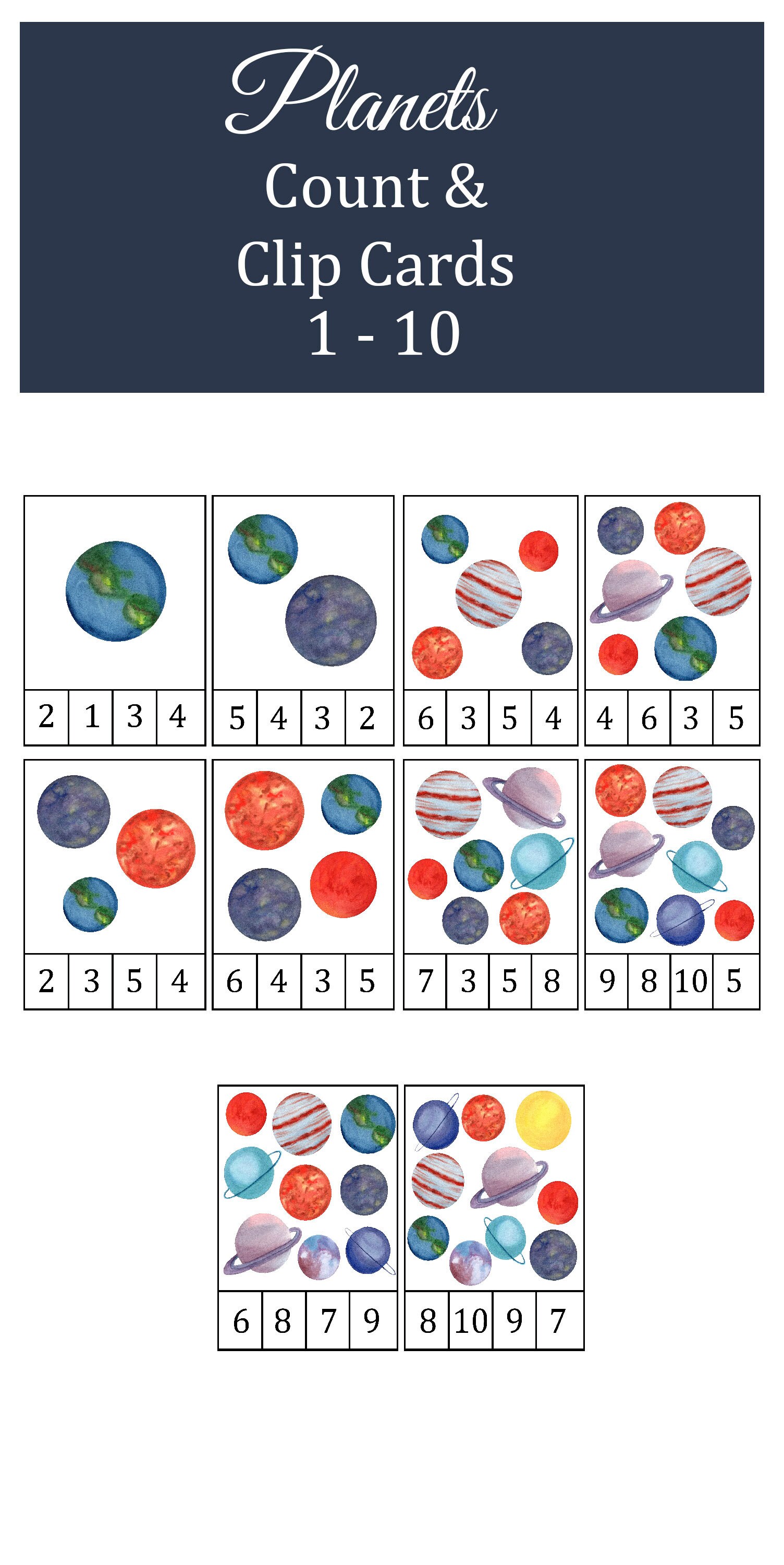 Planets Montessori Count and Clip Cards, Number 1 - 10, Flashcards ...