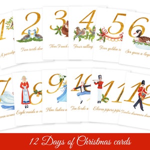 Tarjetas imprimibles de 12 días de Navidad, Tarjetas de nomenclatura, Materiales educativos imprimibles, Etiquetas de regalo de Navidad, Arte navideño imprimible