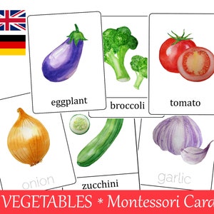 Vegetables Watercolor Flash Cards. Montessori three part cards. Nomenclature cards. Printable Educational Materials