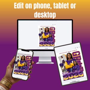 May include: A digital design displayed on a smartphone, tablet, and computer screen. The design features a graduation theme with the text "CRESTVIEW HIGH SCHOOL", "GRAD", and "2026". The design includes images of two women in graduation attire.