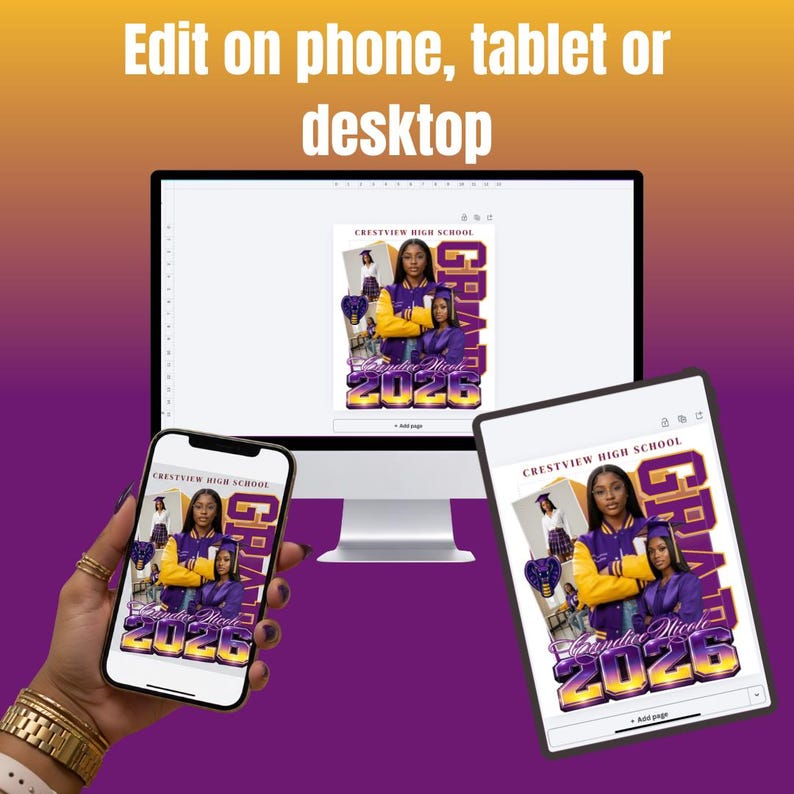 May include: A digital design displayed on a smartphone, tablet, and computer screen. The design features a graduation theme with the text "CRESTVIEW HIGH SCHOOL", "GRAD", and "2026". The design includes images of two women in graduation attire.