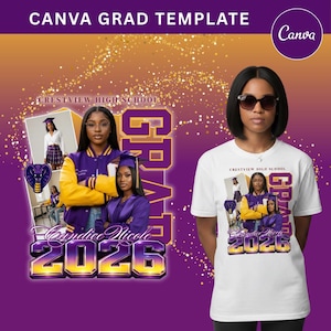 May include: A white t-shirt featuring a graduation design with the text "CRESTVIEW HIGH SCHOOL" and "GRAD". The design includes images of graduates and the name "Candice Nicole 2026". The background is purple and gold.