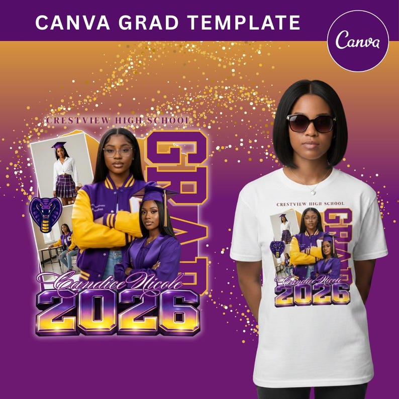 May include: A white t-shirt featuring a graduation design with the text "CRESTVIEW HIGH SCHOOL" and "GRAD". The design includes images of graduates and the name "Candice Nicole 2026". The background is purple and gold.