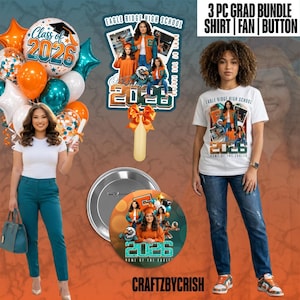 Puede incluir: Un paquete de graduación con una camiseta blanca, un abanico y un botón con el texto "Eagle Ridge High School 2026." La imagen incluye globos, un birrete y el texto "Class of 2026."