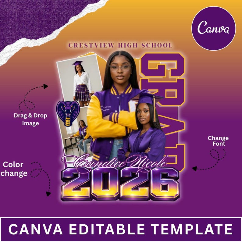 May include: A Canva editable template with a purple and yellow color scheme. The design features a graduation theme with the text "GRAD" and "2026". It includes photos of a graduate and the text "Candice Nicole". The template is for Crestview High School.