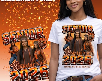 May include: White t-shirt with a graduation design. The design includes the word "SENIOR", the year "2026", and the text "HOME OF THE BEARS". The shirt also features a photo of a graduate in a cap and gown.