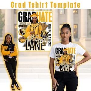 May include: A graduation-themed design featuring a woman in a yellow graduation gown and cap. The design includes the text "GRADUATE" and "Kiara Lane", along with a tiger mascot and the words "Home of the Wildcats". The design is displayed on a t-shirt and a jacket.
