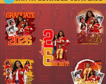 May include: A Canva editable template featuring graduation designs. The designs include photos, the name "Monica Lane", and the year "2026". The text "SHE DID IT!" is also present. The designs are in red, gold, and white.