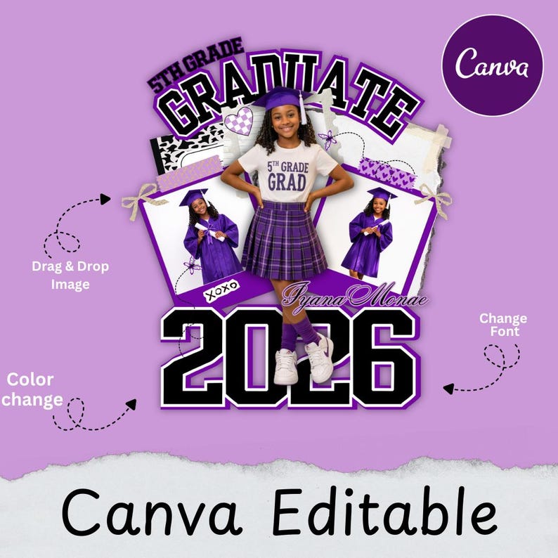 5th Grade Graduation Shirt Template, Scrapbook Style Graduate Photo Grad (Instant Download) image 2