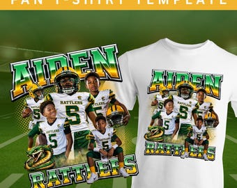 May include: A white t-shirt featuring a graphic design of four football players in green and white uniforms with the text AIDEN and RATTLERS in a metallic green and gold gradient font, accompanied by a green snake illustration on the bottom left.