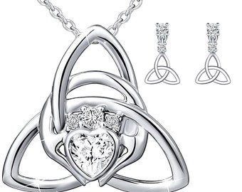 Celtic Knot Irish Earrings | Claddagh with Celtic Knot Necklace | Earrings + Necklace Set