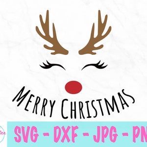Merry Christmas svg - Rendier Geweien Rode Neus Wimpers svg - Leuke Rendieren svg