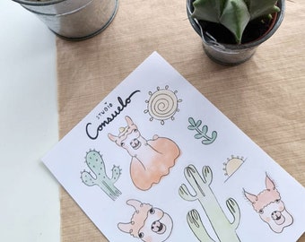Sticker Sheet Cute Lama Alpaca Cactus Sun Bird Floral Journaling Scrapbook Stickers