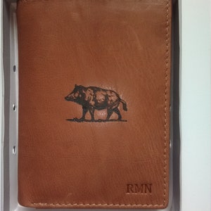 Leather wallet laser engraving wild boar possibility personalized first name image 1