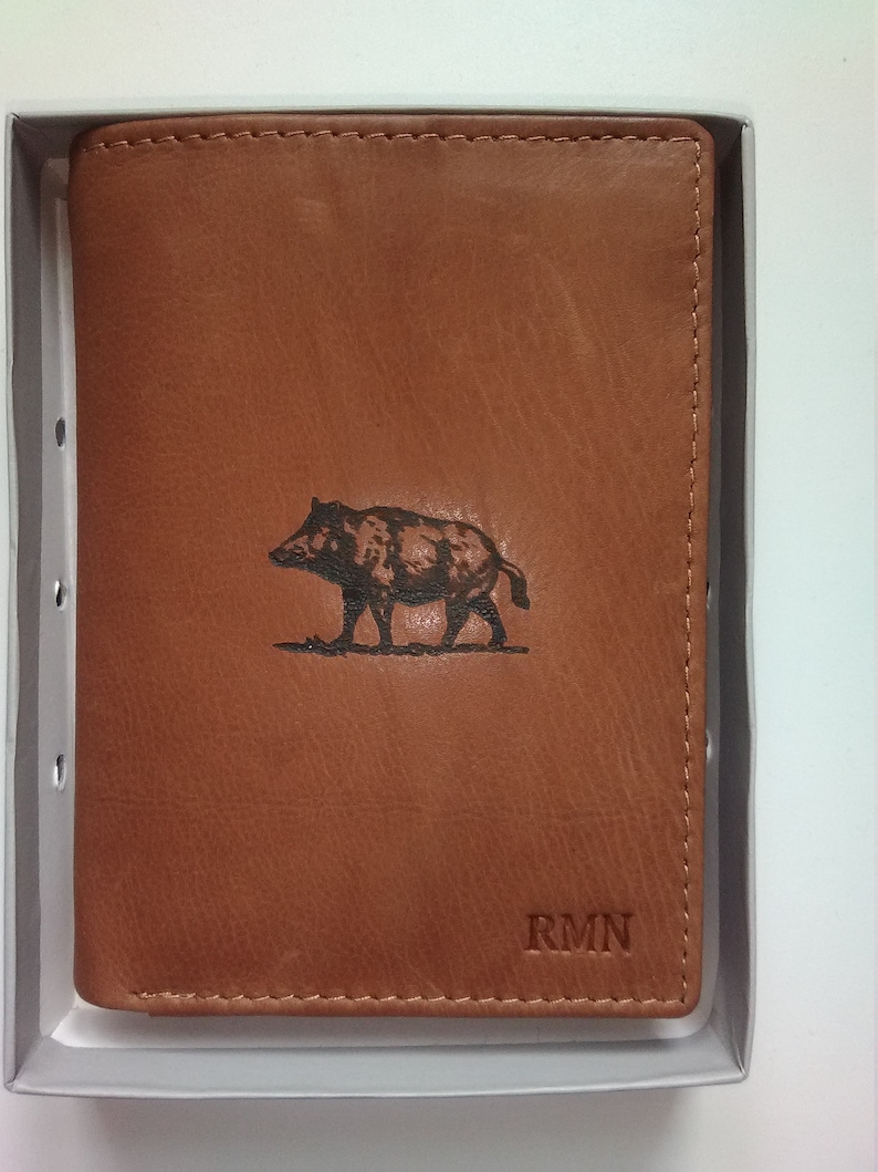 Leather wallet laser engraving wild boar possibility personalized first name image 1