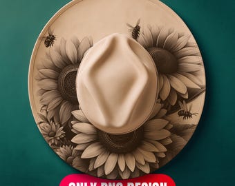 Descarga digital de diseño de sombrero de girasoles en llamas - Plantilla PNG + PDF de grabado láser floral para ala ancha / Uso comercial también