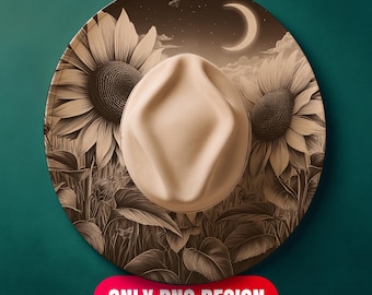 Descarga digital con diseño de girasoles y sombrero de luna ardiente - Plantilla PNG + PDF de grabado láser floral para ala ancha / Uso comercial también