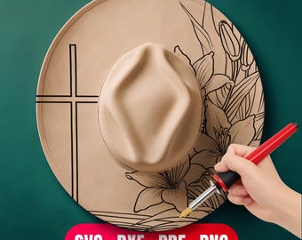 Cross Faith and Flowers Hat Burning Pyrography Design Digital Download - Hand Craft + Laser Machine Engraving Files | Commercial Use Too