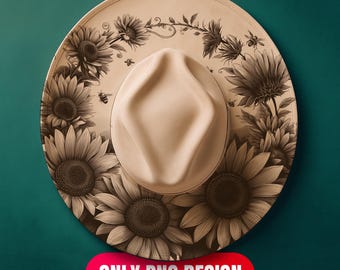 Descarga digital de diseño de sombrero de girasoles en llamas - Plantilla PNG + PDF de grabado láser floral para ala ancha / Uso comercial también