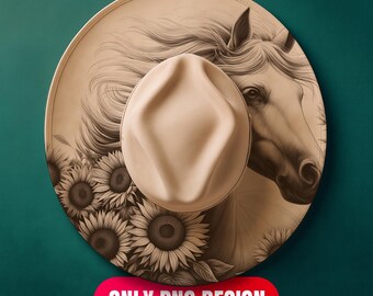 Horse and Sunflowers Hat Burning Design Digital Download - Laser Engraving Png for LightBurn + Pdf Template for Wide Brim | Commercial Use