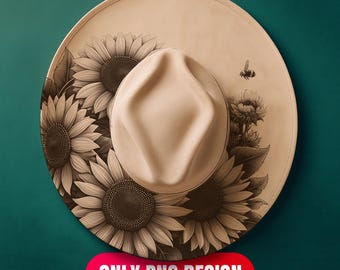 Descarga digital de diseño de sombrero de girasoles en llamas - Plantilla PNG + PDF de grabado láser floral para ala ancha / Uso comercial también
