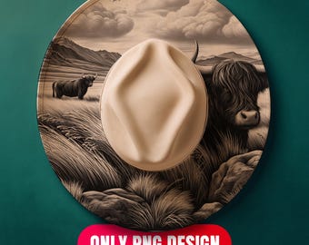 Download digital de design de gravação a laser de vaca das Terras Altas - Chapéu floral queimando em PNG para LightBurn + modelo em PDF para aba larga | Uso comercial
