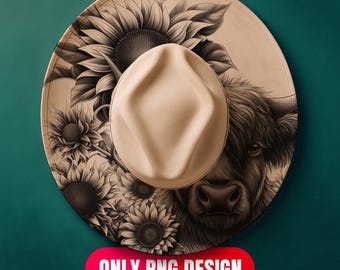 Download digital de design de gravação a laser de vaca das Terras Altas - Chapéu floral queimando em PNG para LightBurn + modelo em PDF para aba larga | Uso comercial