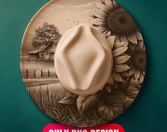 Descarga digital de diseño de sombrero de girasoles en llamas - Plantilla PNG + PDF de grabado láser floral para ala ancha / Uso comercial también
