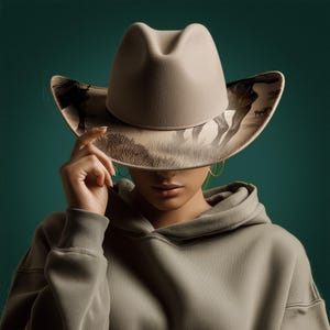 May include: A beige cowboy hat with a landscape design on the brim. The hat is held up, partially obscuring the face. The person is wearing a gray hoodie. The background is a dark teal color.