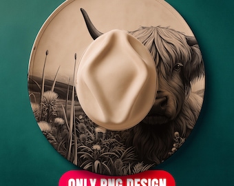 Download digital de design de gravação a laser de vaca das Terras Altas - Chapéu floral queimando em PNG para LightBurn + modelo em PDF para aba larga | Uso comercial