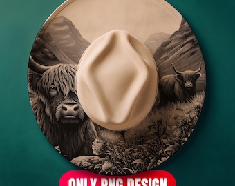 Download digital de design de gravação a laser de vaca das Terras Altas - Chapéu floral queimando em PNG para LightBurn + modelo em PDF para aba larga | Uso comercial