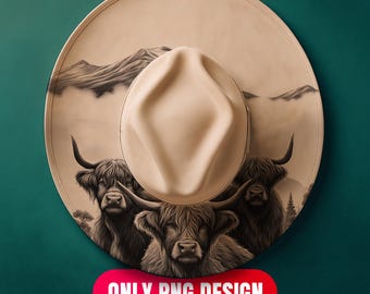 Download digital de design de gravação a laser de vaca das Terras Altas - Chapéu floral queimando em PNG para LightBurn + modelo em PDF para aba larga | Uso comercial