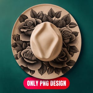 May include: A beige fedora-style hat with a wide brim, adorned with a detailed black and white rose floral design. The hat features a pinched crown and a contrasting band. The text "ONLY PNG DESIGN" is displayed on a red banner.