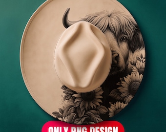 Download digital de design de gravação a laser de vaca das Terras Altas - Chapéu floral queimando em PNG para LightBurn + modelo em PDF para aba larga | Uso comercial