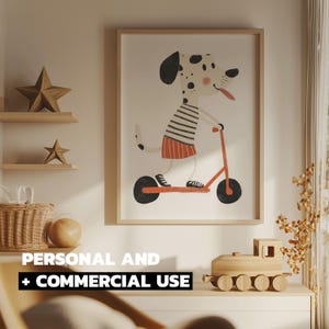 Dalmatian Scooter Eclectic Nursery Animal Print for Toddler Playroom and Skateboard Kids Room, Digital Download, Commercial Use Too