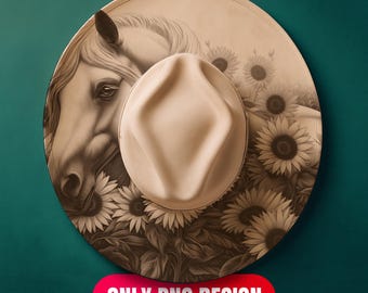 Horse and Sunflowers Hat Burning Design Digital Download - Laser Engraving Png for LightBurn + Pdf Template for Wide Brim | Commercial Use