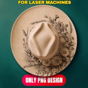 Op de afbeelding: Een beige fedora-hoed met een bloemenontwerp. De hoed heeft een brede rand en een middenvouw. Het bloemenontwerp omvat madeliefjes en andere bloemen. De tekst "FOR LASER MACHINES" en "ONLY PNG DESIGN" zijn zichtbaar.